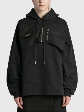 Black Hooded Layered Pocket Pullover Hoodie